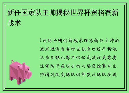 新任国家队主帅揭秘世界杯资格赛新战术
