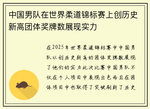 中国男队在世界柔道锦标赛上创历史新高团体奖牌数展现实力